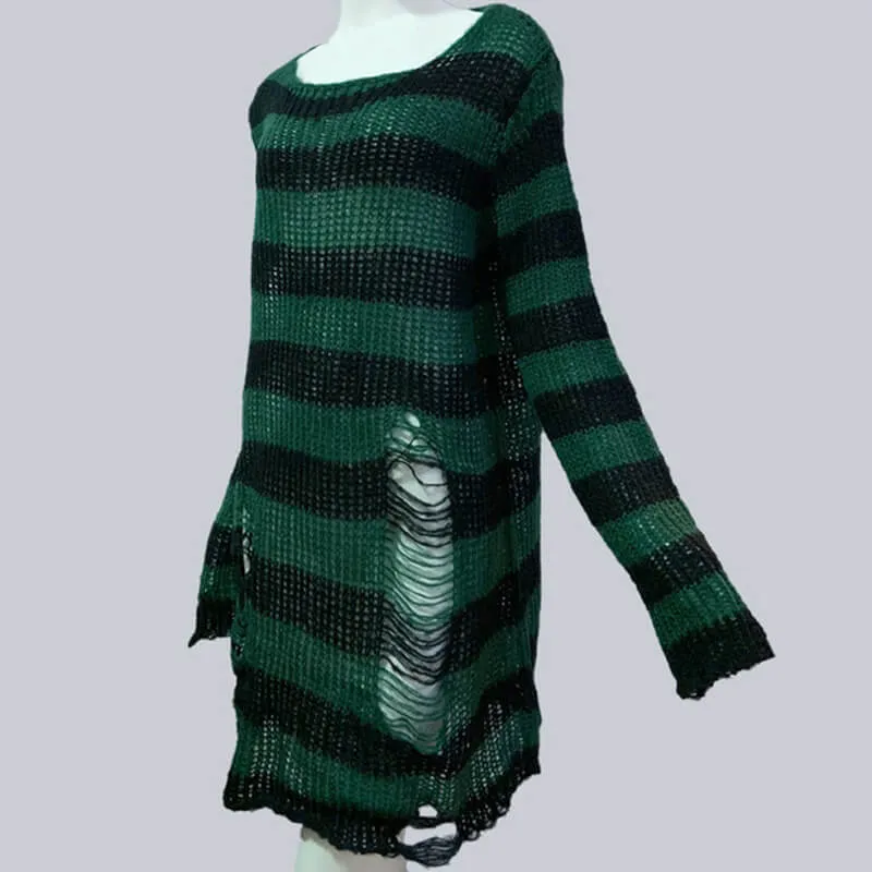 Crew Neck Striped Wool Knitted Long Sweater sold by GTHIC product image thumbnail 3