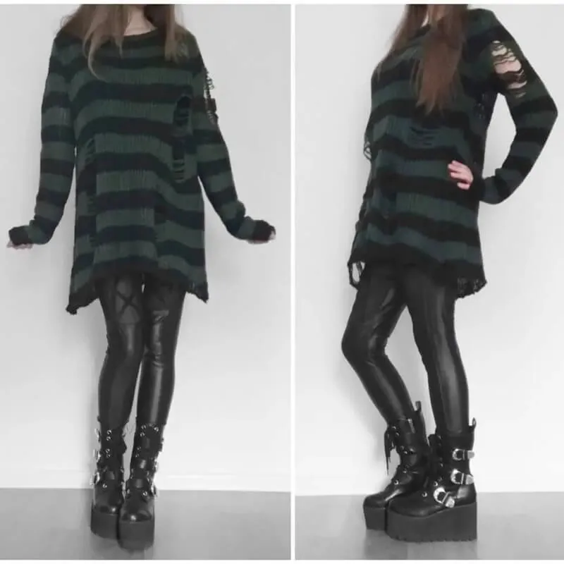 Crew Neck Striped Wool Knitted Long Sweater sold by GTHIC product image thumbnail 2