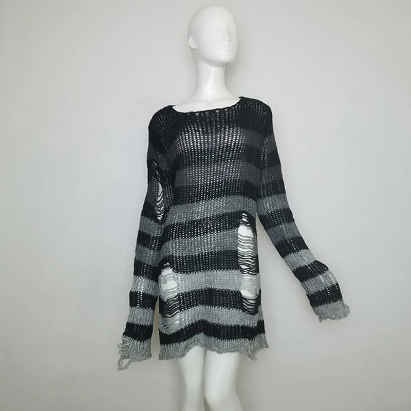 Crew Neck Striped Wool Knitted Long Sweater sold by GTHIC product image thumbnail 5
