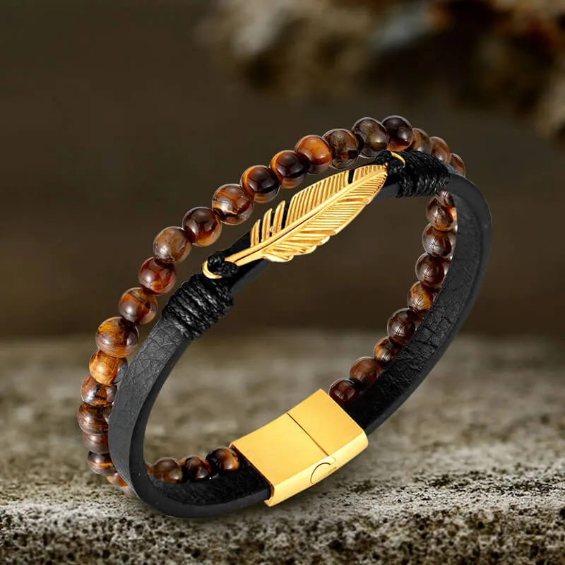 Feather Tiger’s Eye Leather Beaded Bracelet sold by GTHIC