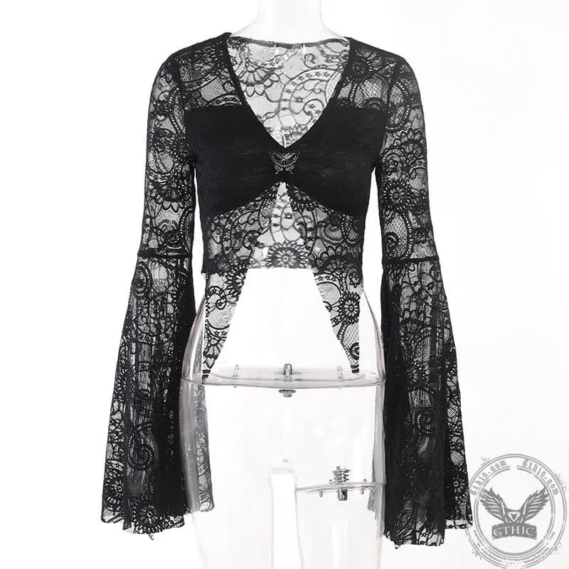 Gothic Bell Sleeve Nylon Crop Top sold by GTHIC product image thumbnail 3