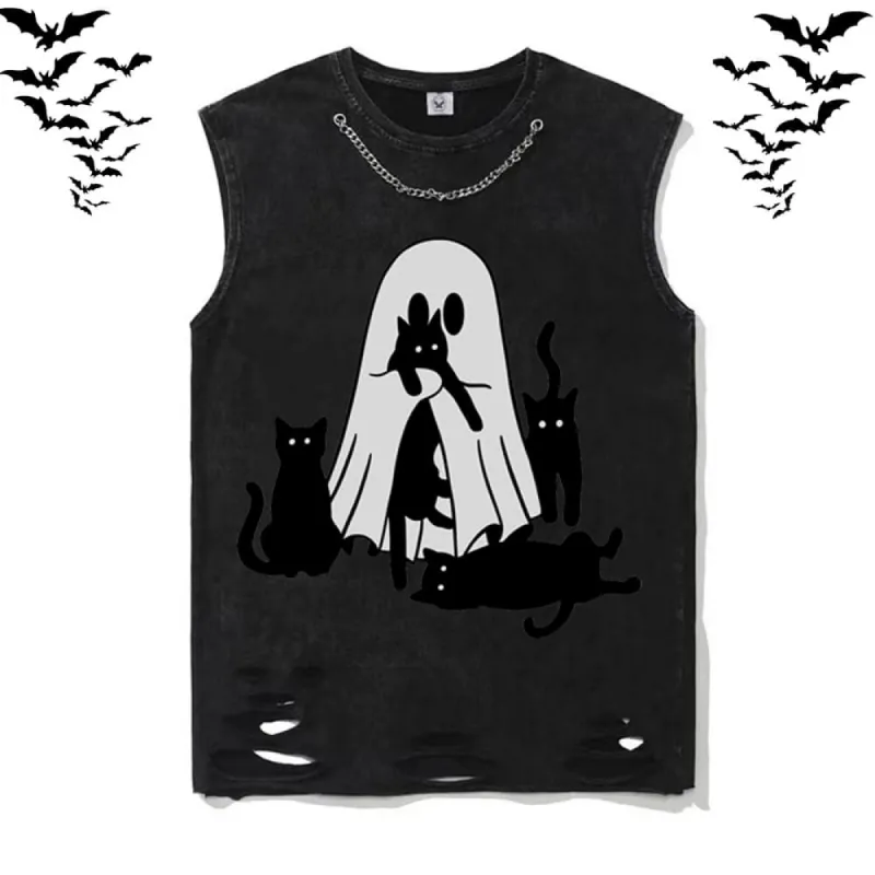 Black Cat Ghouls Vintage Washed Vest Top sold by GTHIC