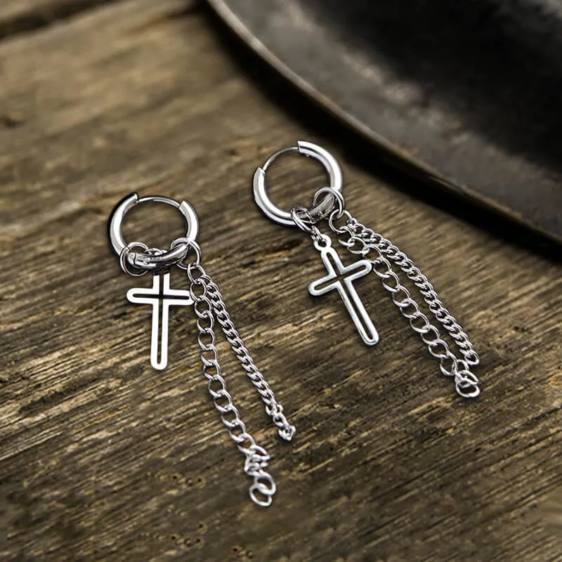 Cross Chain Tassel Stainless Steel Hoop Earring sold by GTHIC