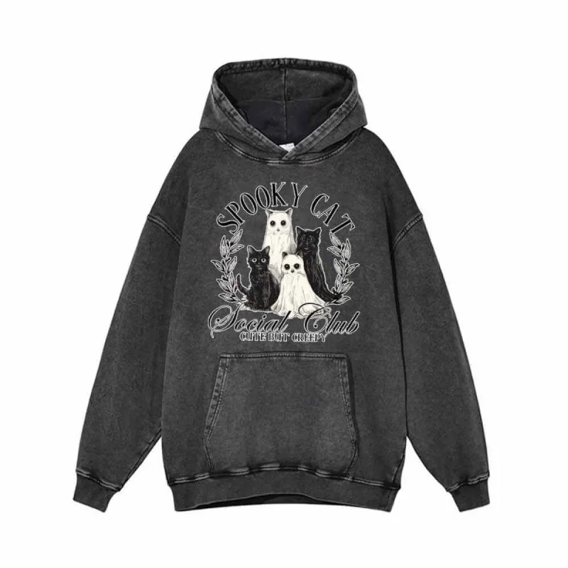 Creepy Spooky Cat Vintage Washed Hoodie Sweatshirt sold by GTHIC