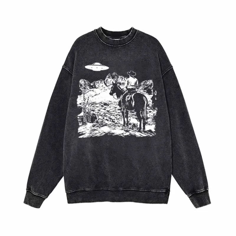 UFO And Western Cowboy Print Vintage Washed Sweatshirt sold by GTHIC