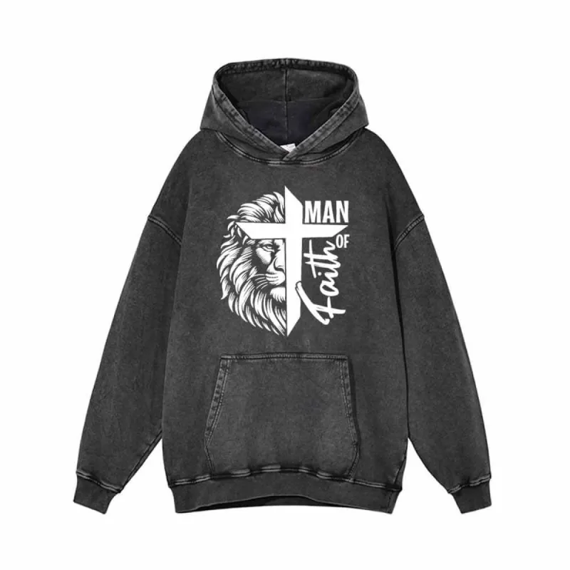 Man Of Faith Lion Print Vintage Washed Hoodie sold by GTHIC