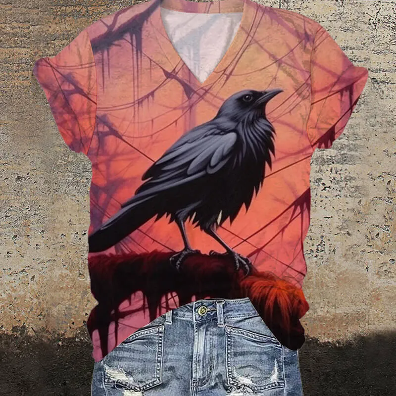 Raven Twilight Print V-Neck Gothic T-Shirt sold by GTHIC