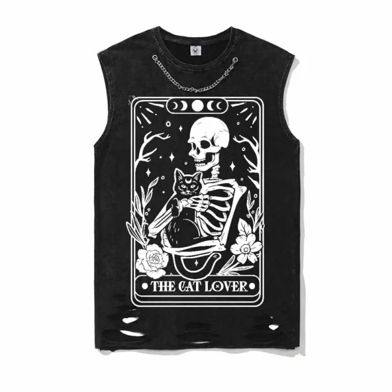 Cat Lover Skeleton Tarot Card Vintage Washed Vest Top sold by GTHIC