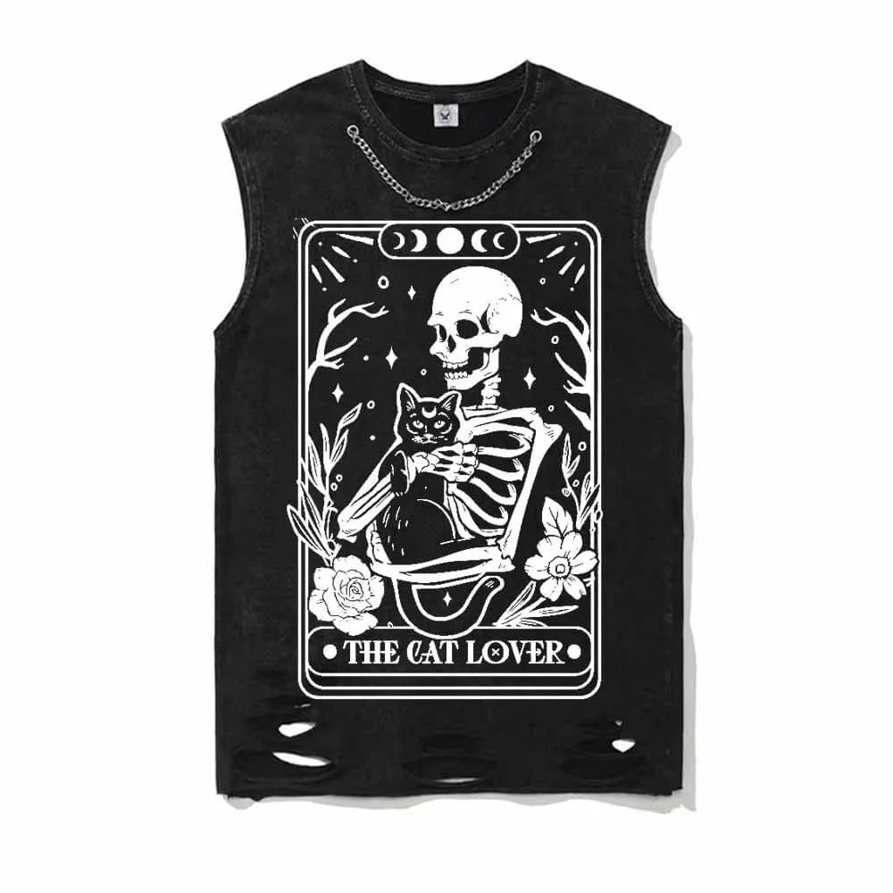 Cat Lover Skeleton Tarot Card Vintage Washed Vest Top sold by GTHIC