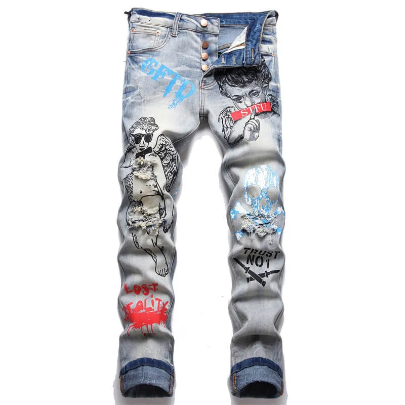 Retro Blue Printed Ripped Cotton Pants sold by GTHIC