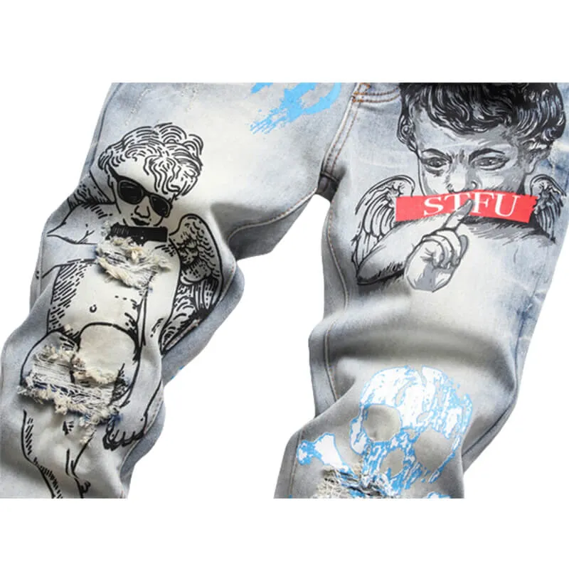 Retro Blue Printed Ripped Cotton Pants sold by GTHIC product image thumbnail 4