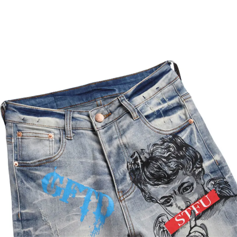 Retro Blue Printed Ripped Cotton Pants sold by GTHIC product image thumbnail 3
