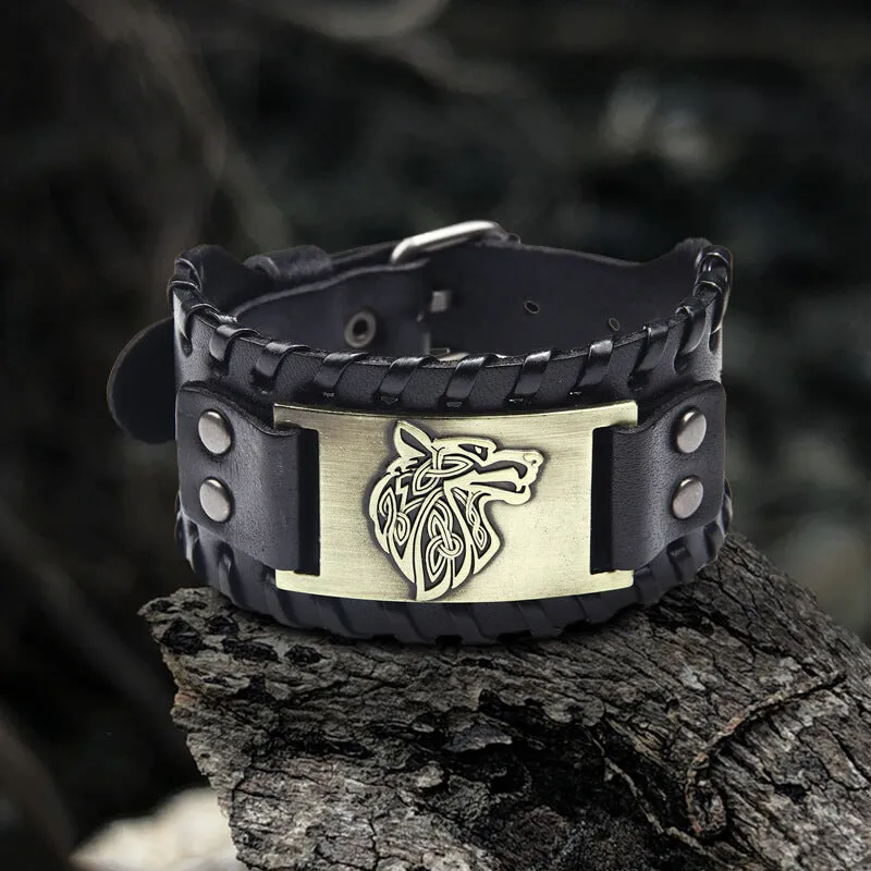 Celtic Wolf Leather Alloy Viking Bracelet sold by GTHIC