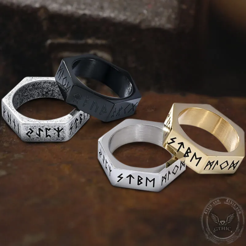 Viking Runes Hexagon Stainless Steel Geometric Ring sold by GTHIC