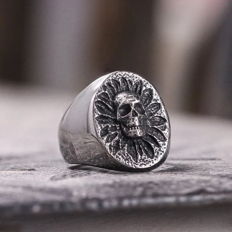 Vintage Sunflower Skull Stainless Steel Ring sold by GTHIC