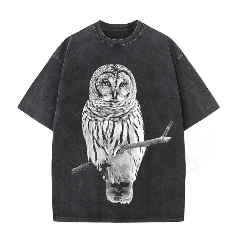 Vintage Owl Print Washed Short Sleeve T-shirt made by GTHIC