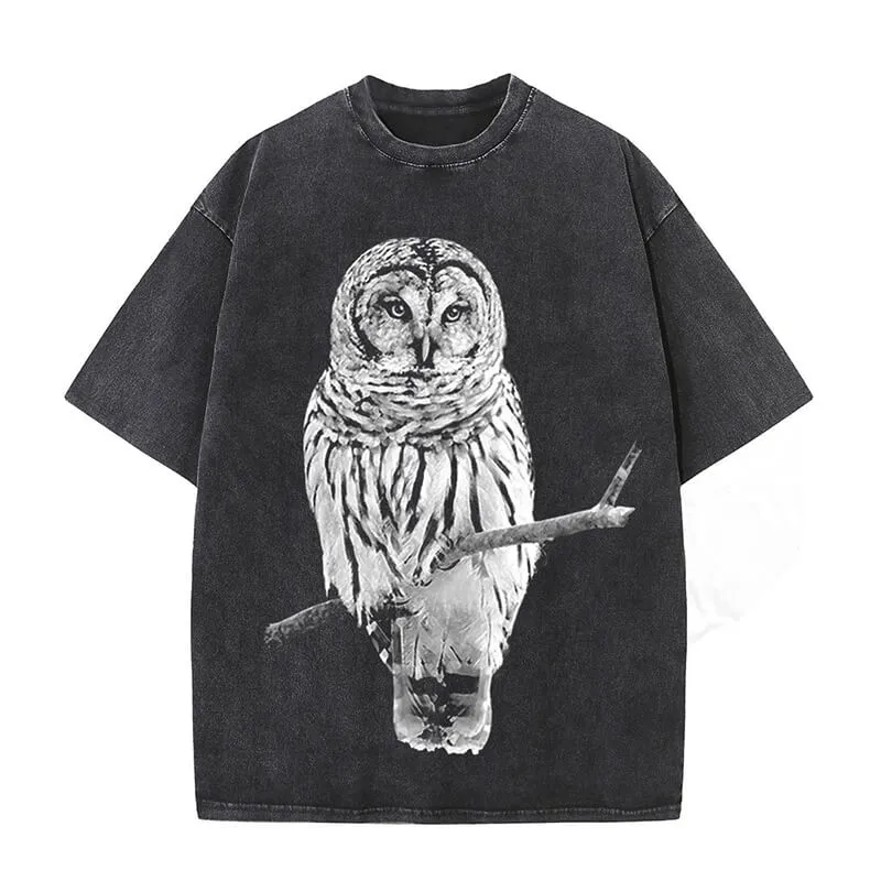 Vintage Owl Print Washed Short Sleeve T-shirt sold by GTHIC
