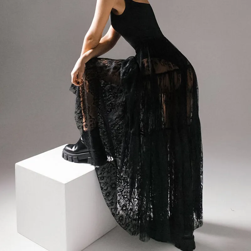 Floral pattern High Waist Flare Maxi Lace skirt sold by GTHIC