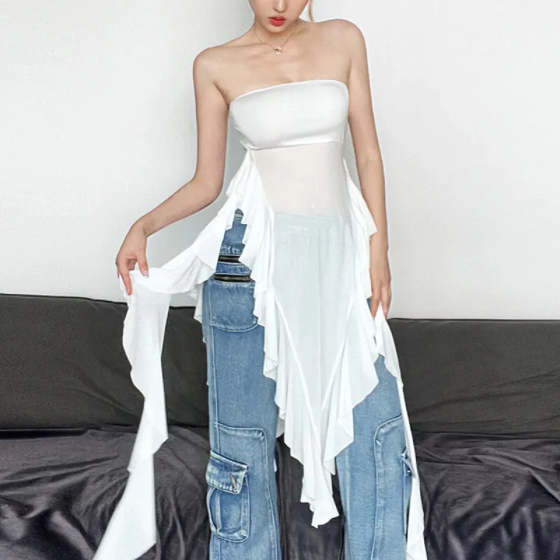 White Ruffle Tassel Tube Top sold by GTHIC