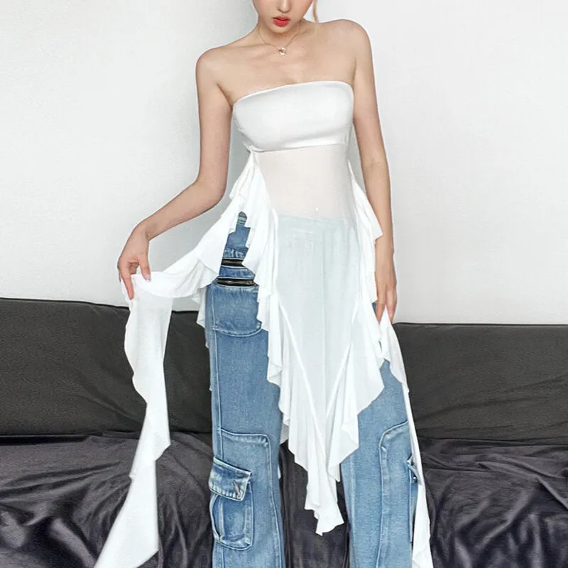 White Ruffle Tassel Tube Top sold by GTHIC