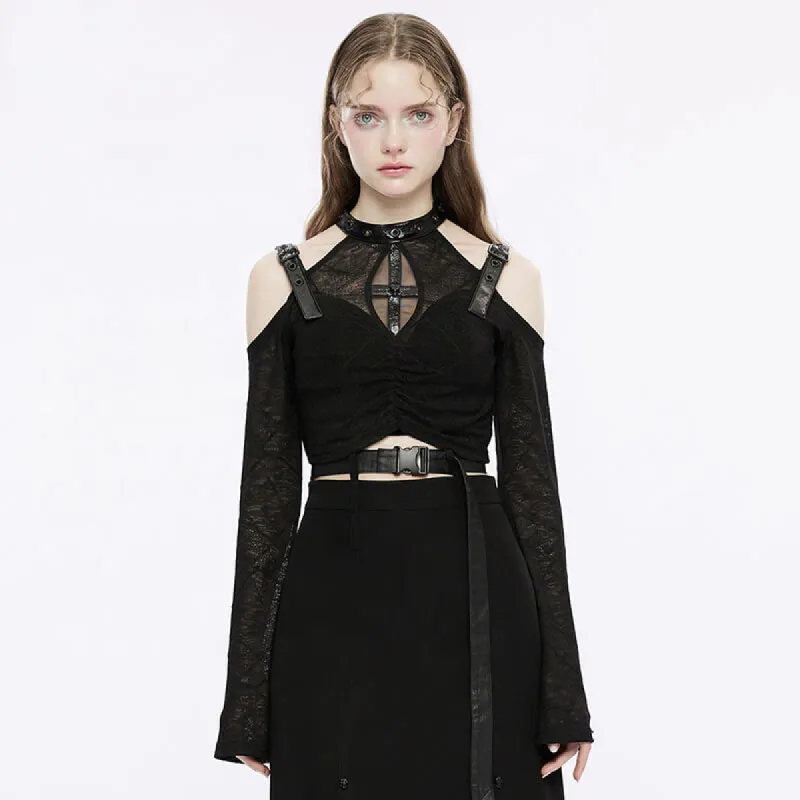 Gothic Hollow Out Cold-Shoulder Crop Top sold by GTHIC