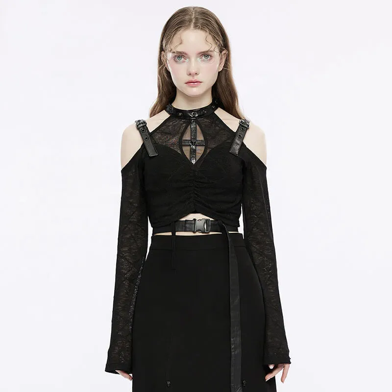 Gothic Hollow Out Cold-Shoulder Crop Top sold by GTHIC