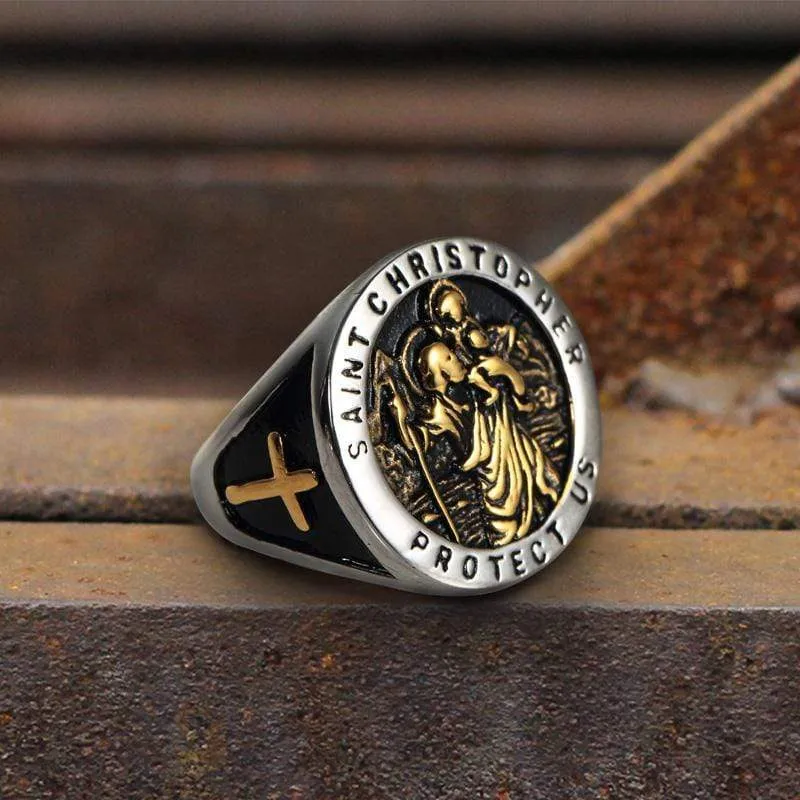 Saint Christopher Protect Us Stainless Steel Cross Ring sold by GTHIC