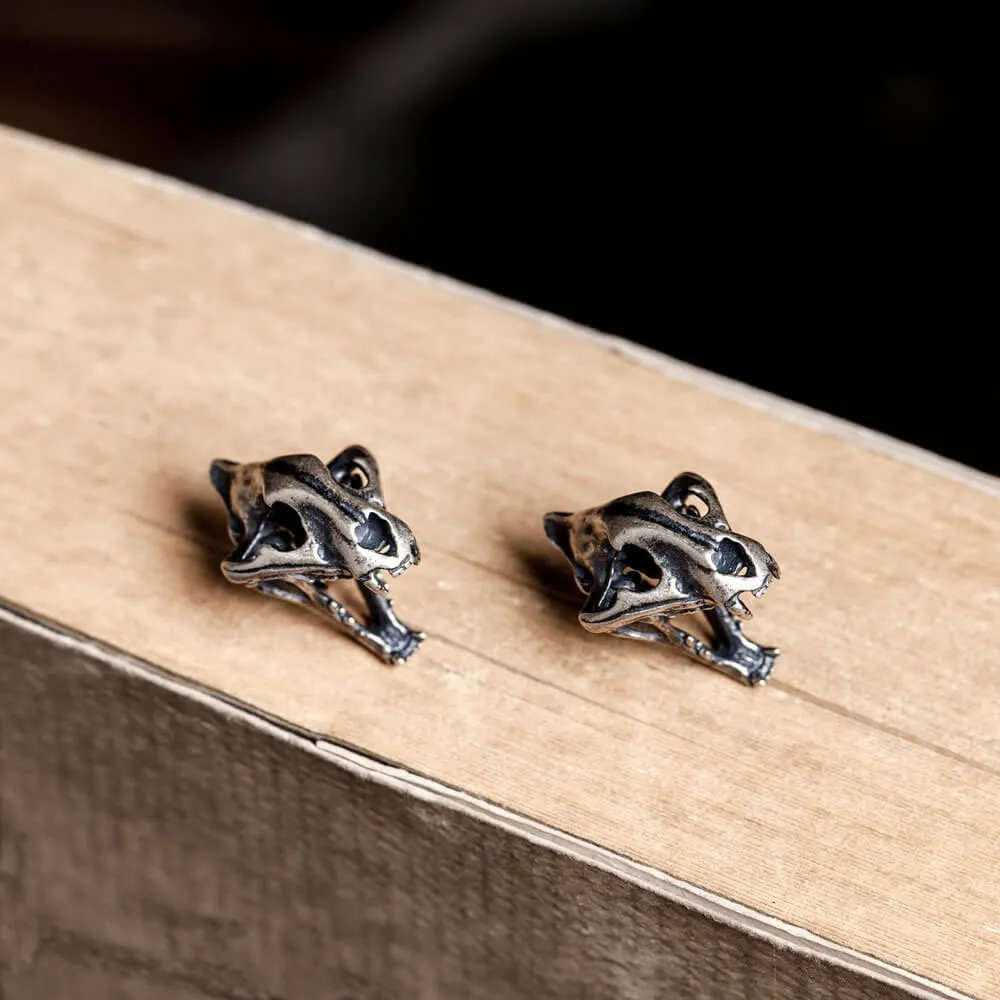 Saber Tooth Tiger Skull Head Sterling Silver Stud Earrings sold by GTHIC