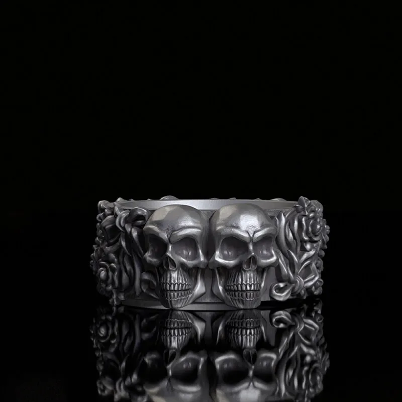 Double Skull Rose Vine Sterling Silver Ring sold by GTHIC