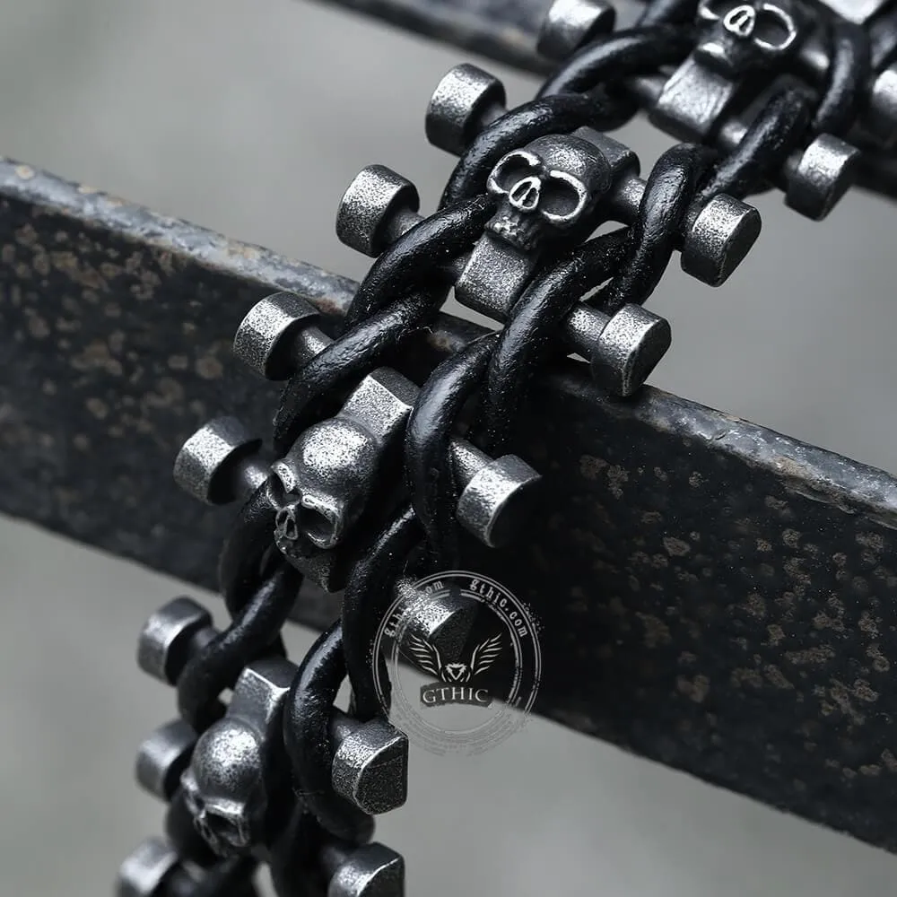 Vintage Woven Leather Stainless Steel Skull Bracelet sold by GTHIC product image thumbnail 3