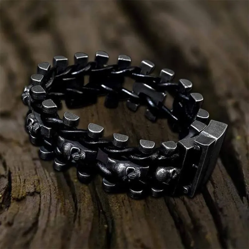 Vintage Woven Leather Stainless Steel Skull Bracelet sold by GTHIC