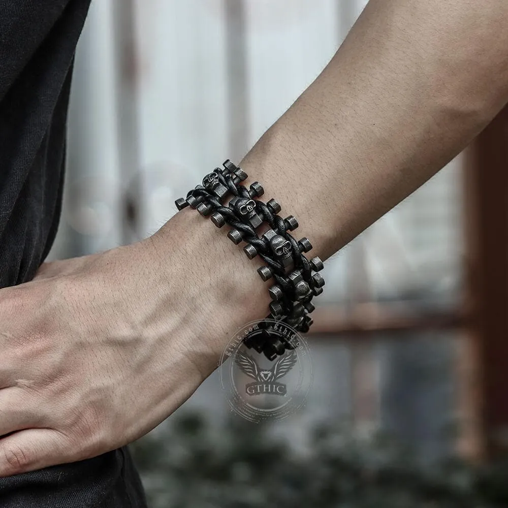 Vintage Woven Leather Stainless Steel Skull Bracelet sold by GTHIC product image thumbnail 2