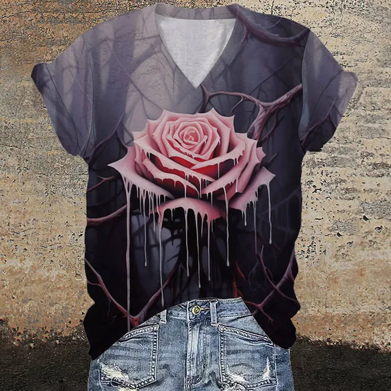 Gothic Dripping Rose V-Neck Short Sleeve T-Shirt sold by GTHIC