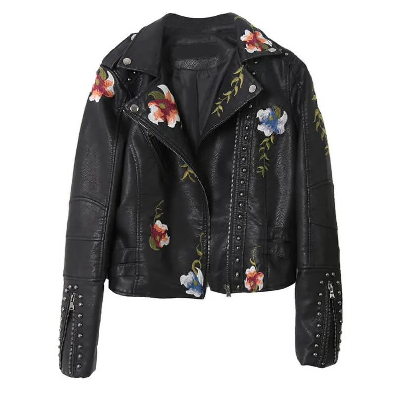 Floral Embroidered Studded Leather Biker Jacket sold by GTHIC