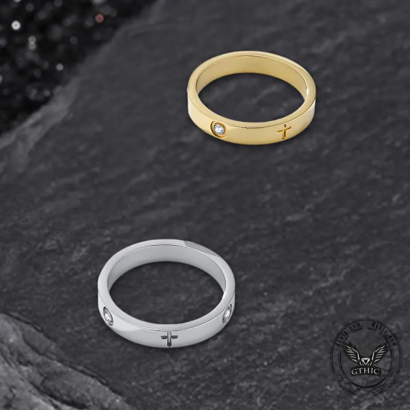 Minimalist Cross Inlaid Zircon Stainless Steel Band Ring sold by GTHIC