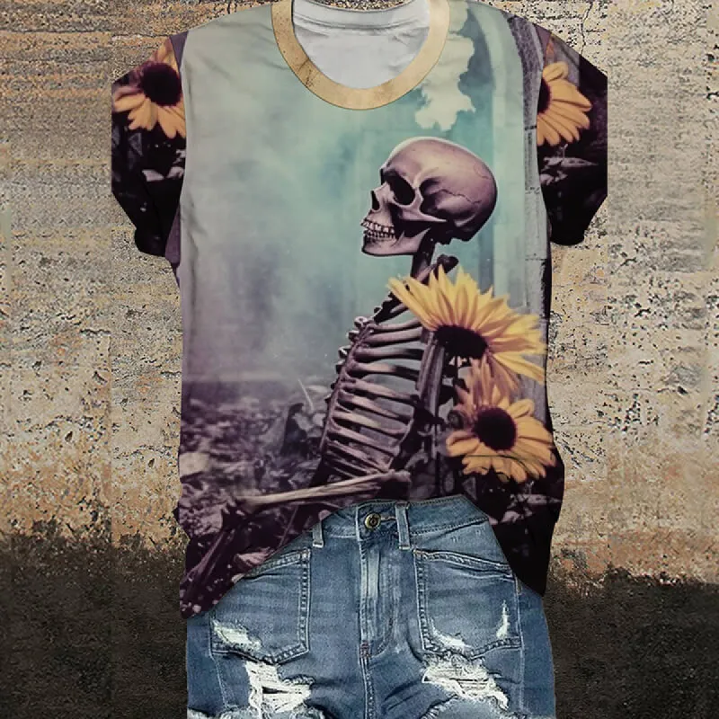 Sunflower Skull Round Neck Gothic T-Shirt sold by GTHIC