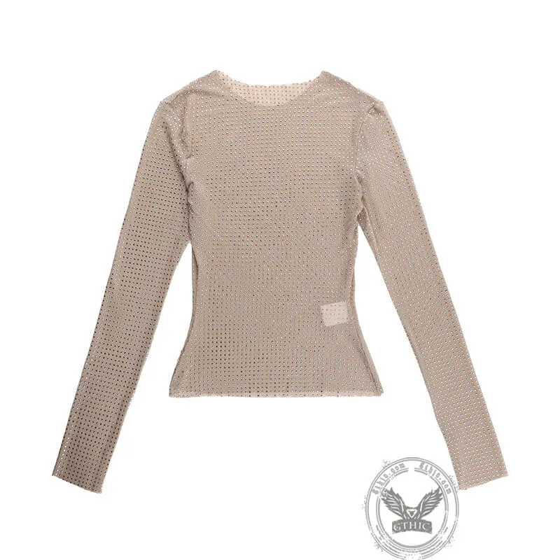 Nude See-Through Mesh Rhinestones Long Sleeve Top sold by GTHIC product image thumbnail 4