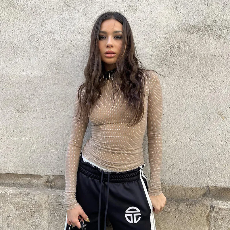 Nude See-Through Mesh Rhinestones Long Sleeve Top sold by GTHIC