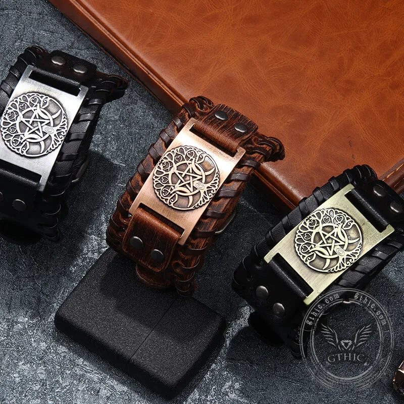 Triple Moon Tree Of Life Leather Viking Bracelet sold by GTHIC product image thumbnail 3