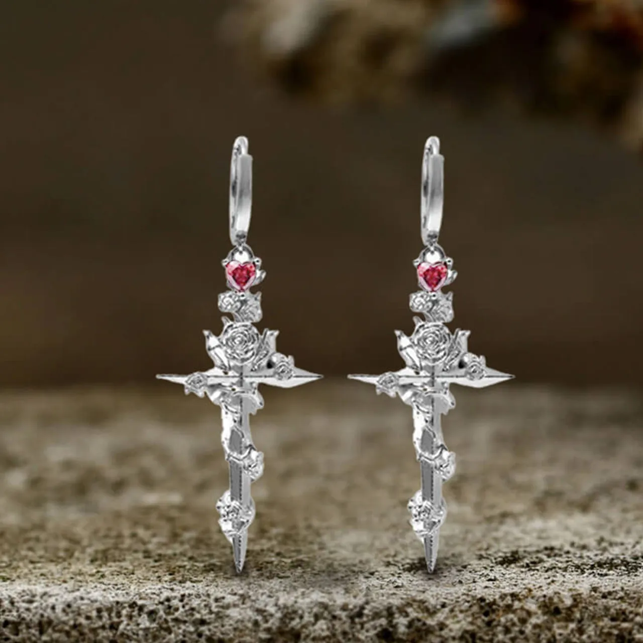 Gothic Rose Flower Cross Dangle Earrings sold by GTHIC product image thumbnail 3