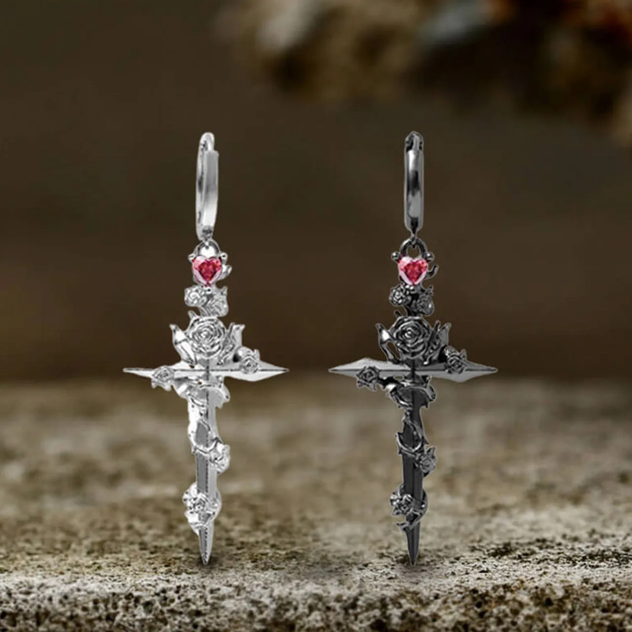 Gothic Rose Flower Cross Dangle Earrings sold by GTHIC product image thumbnail 5