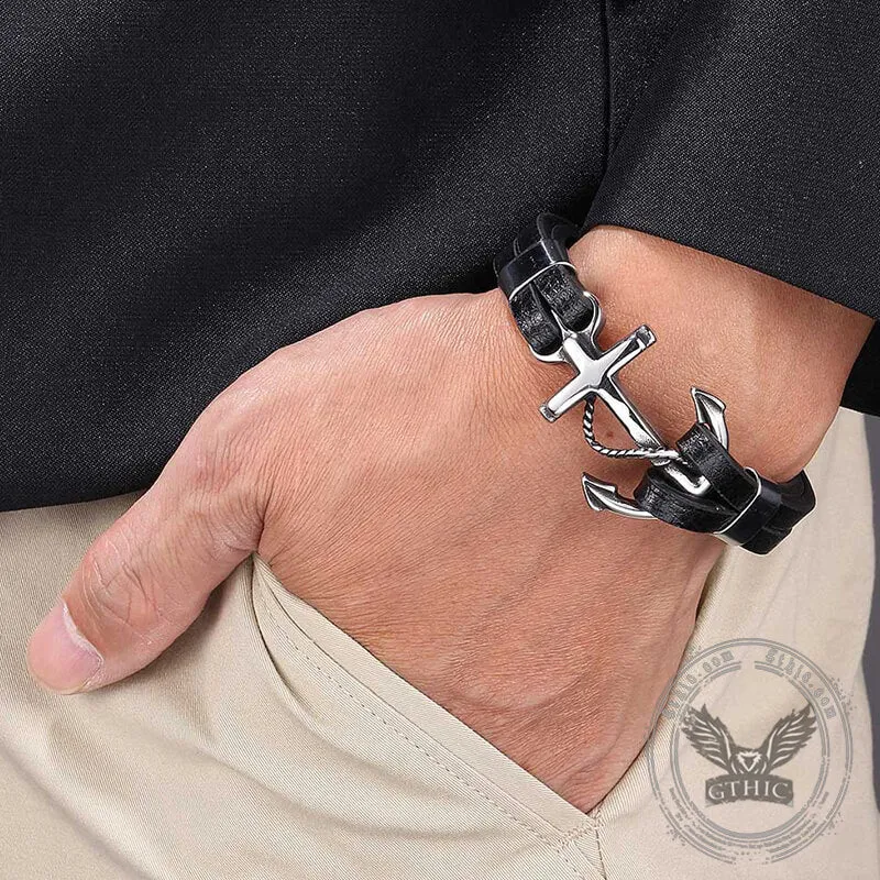 Black Leather Anchor Stainless Steel Marine Bracelet sold by GTHIC product image thumbnail 3
