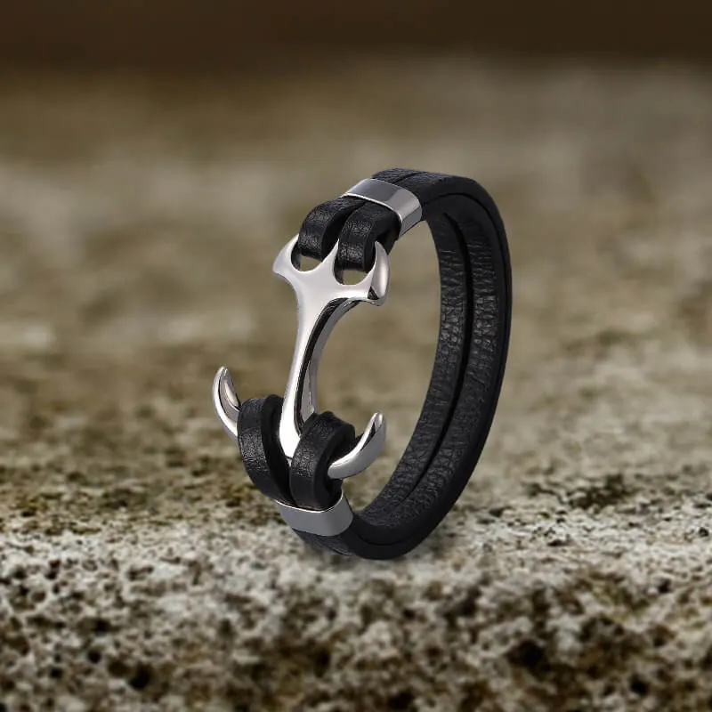 Black Leather Anchor Stainless Steel Marine Bracelet sold by GTHIC product image thumbnail 4