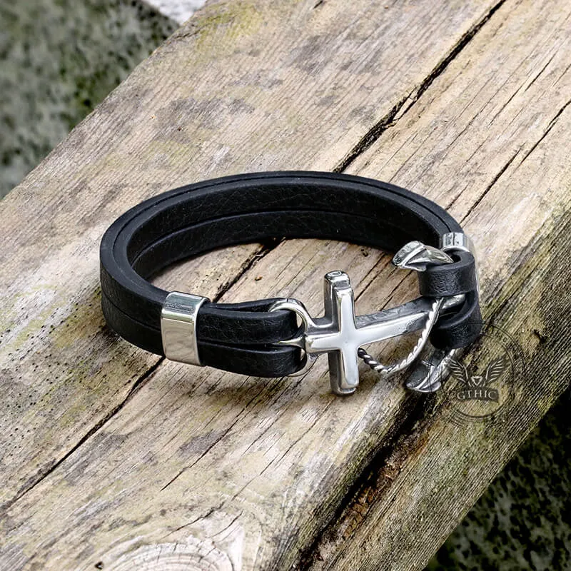Black Leather Anchor Stainless Steel Marine Bracelet sold by GTHIC product image thumbnail 5