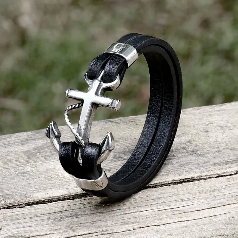Black Leather Anchor Stainless Steel Marine Bracelet sold by GTHIC