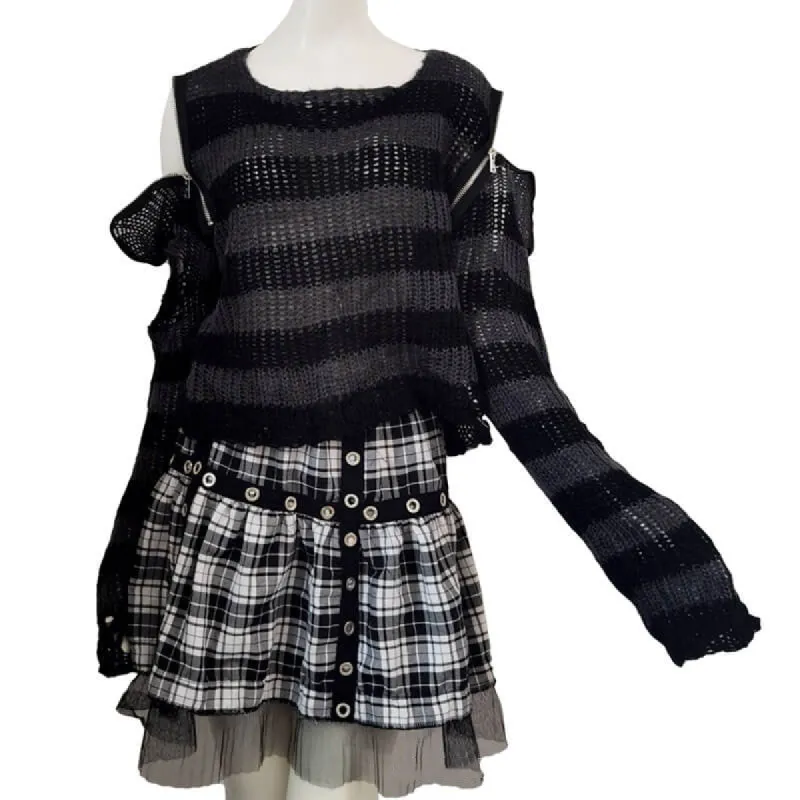 Punk Stripe Zipped Off-Shoulder Sweater sold by GTHIC