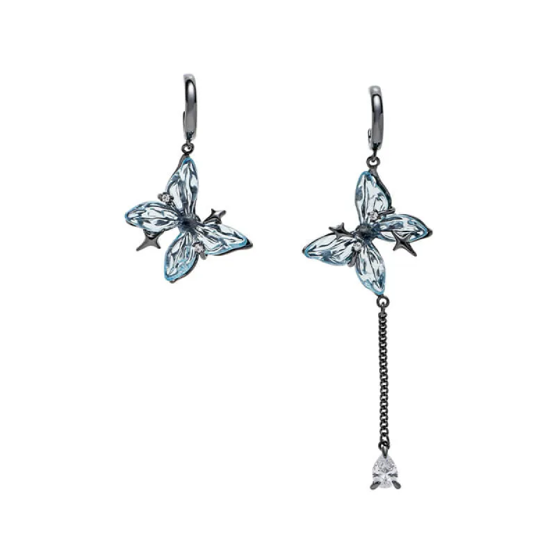 Blue Butterfly Tassel Asymmetrical Drop Earrings sold by GTHIC