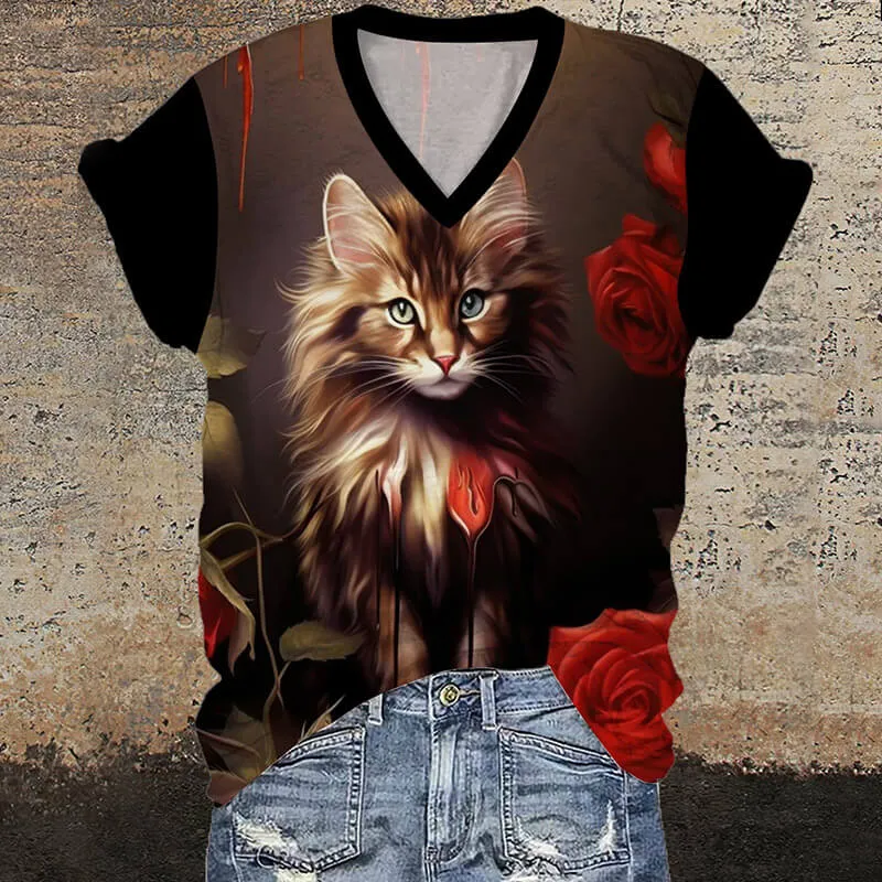 Gothic Cat Rose Print V-Neck Short Sleeve T-Shirt sold by GTHIC
