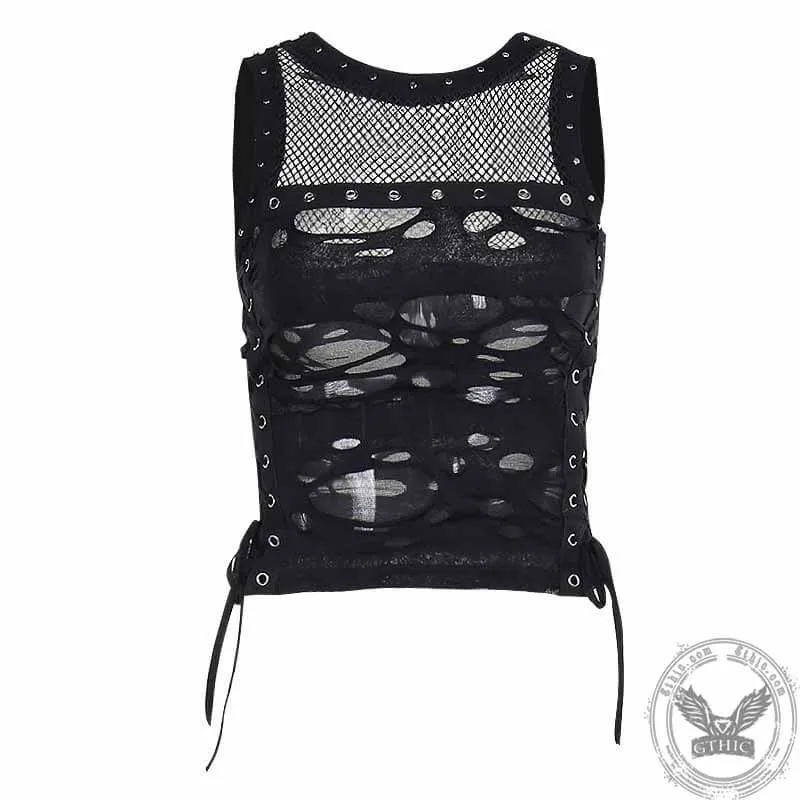 Grunge Mesh Lace Up Tank Top sold by GTHIC product image thumbnail 4