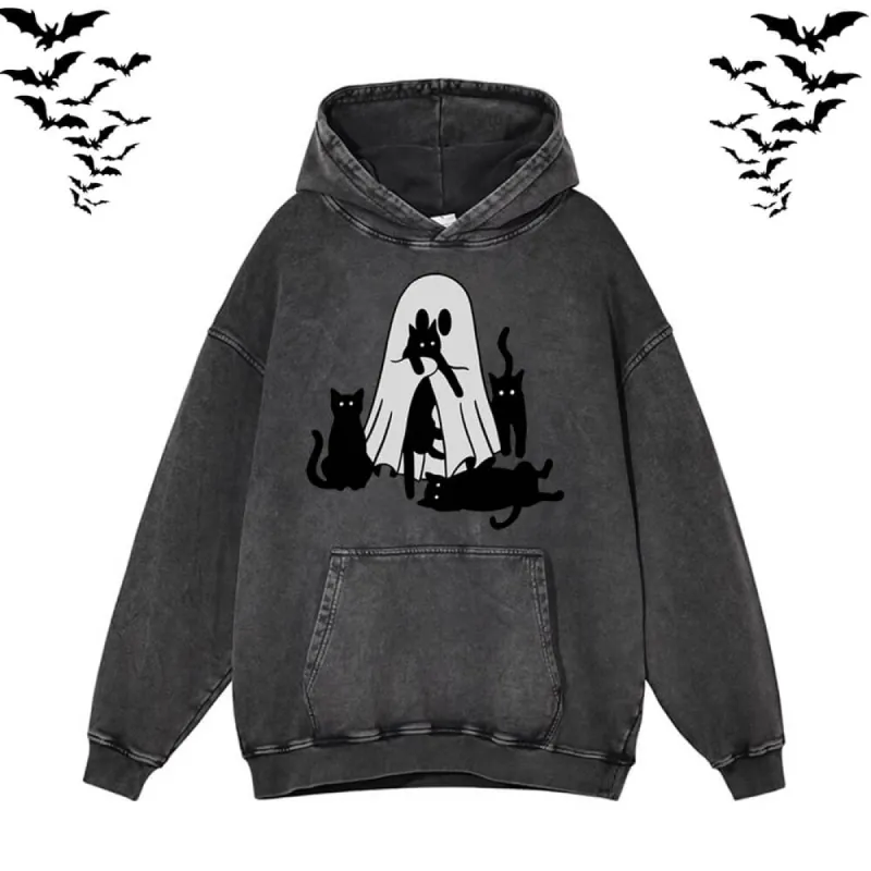 Black Cat Ghouls Vintage Washed Hoodie Sweatshirt sold by GTHIC